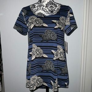 Blue and black stripped shirt with tan rose print.